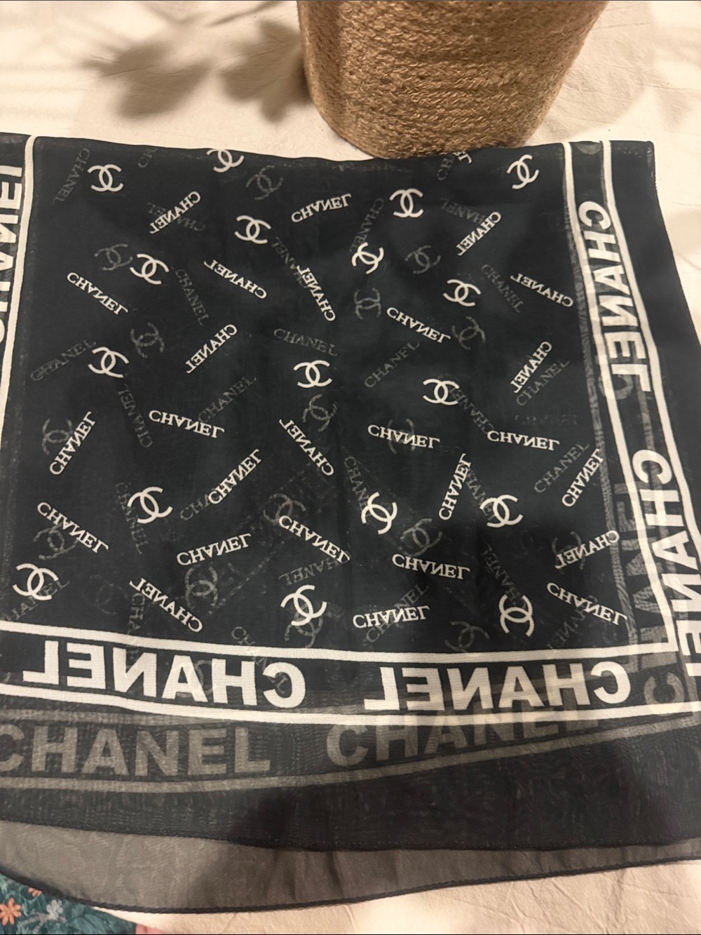 CHANEL Black and White Logo Silk-Blend Scarf New